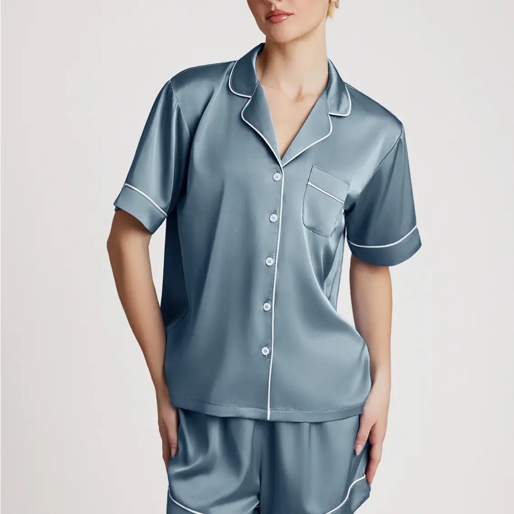 Azazie Satin Short-Sleeve Pajama Top in Dusty Blue with White Piping